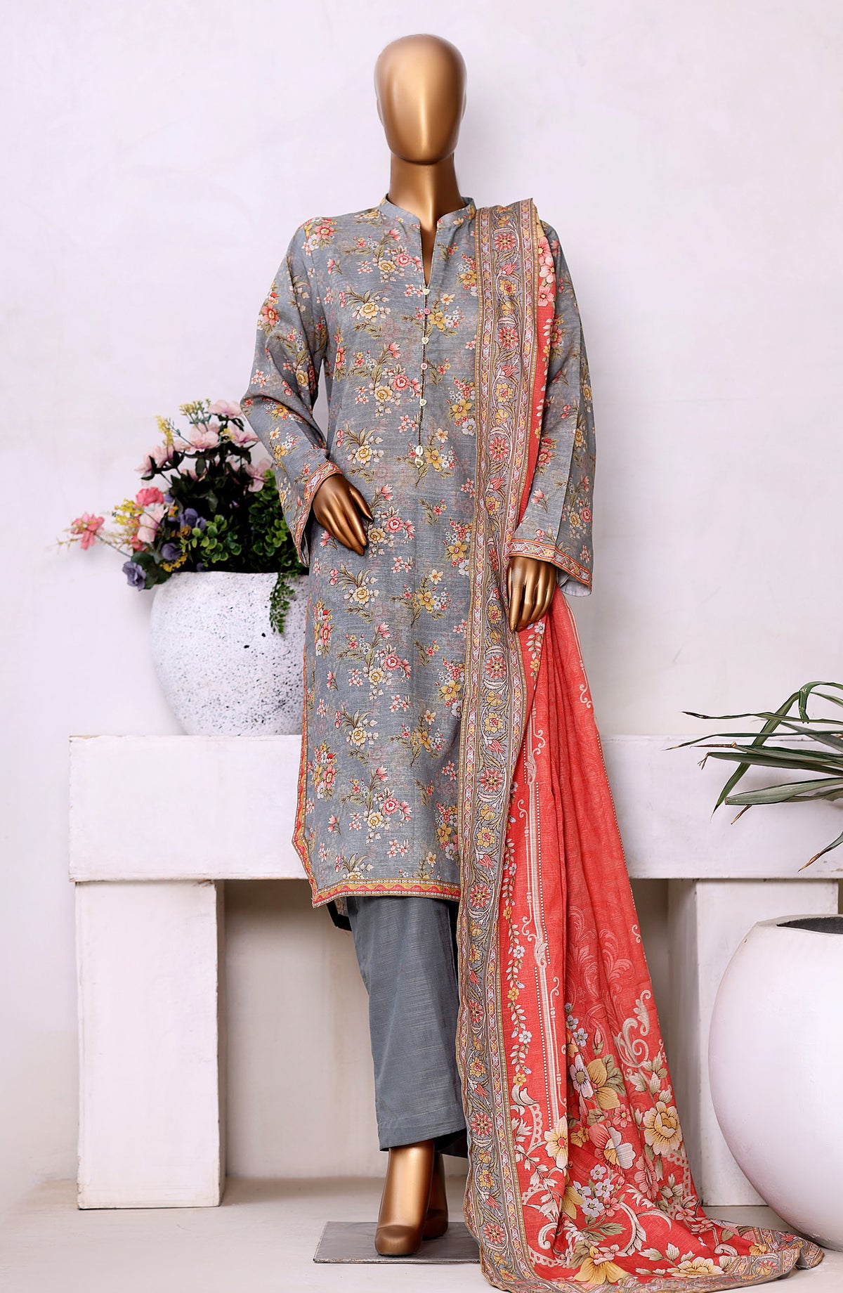 Bin Saeed Printed Khaddar Stitched 3 Piece Suit - Design-01 - BS25PKD - Grey - Winter Collection