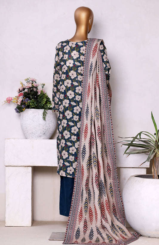 Bin Saeed Printed Khaddar Stitched 3 Piece Suit - Design-02 - BS25PKD - Blue - Winter Collection