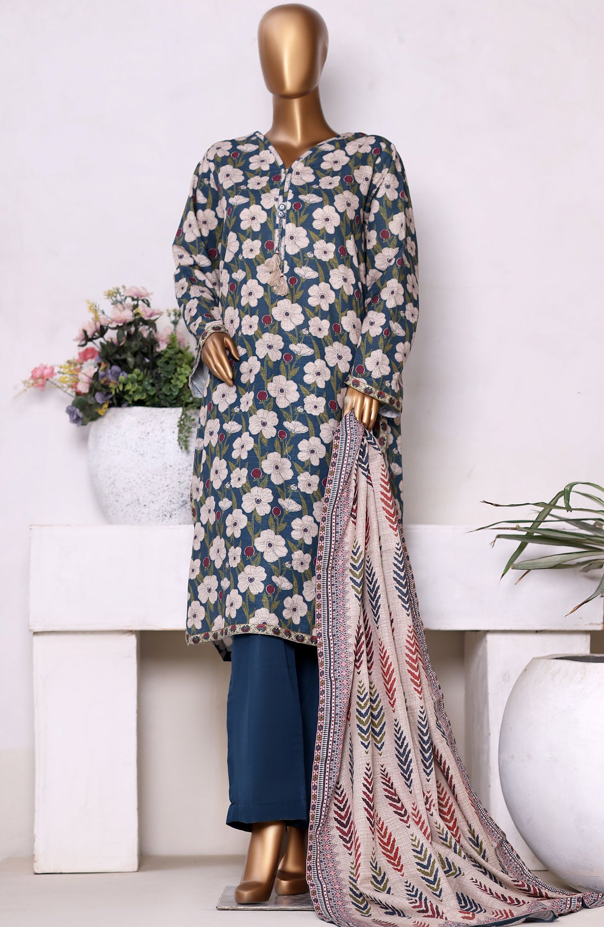 Bin Saeed Printed Khaddar Stitched 3 Piece Suit - Design-02 - BS25PKD - Blue - Winter Collection