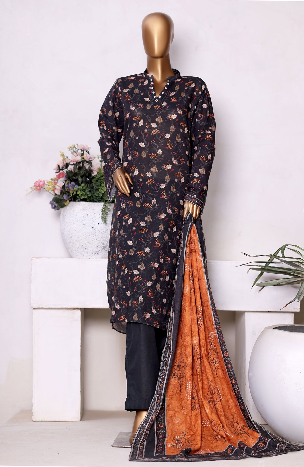 Bin Saeed Printed Khaddar Stitched 3 Piece Suit - Design-04 - BS25PKD - Black - Winter Collection