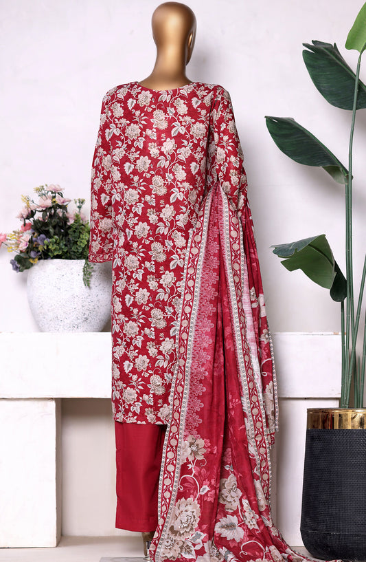 Bin Saeed Printed Khaddar Stitched 3 Piece Suit - Design-05 - BS25PKD - Red - Winter Collection
