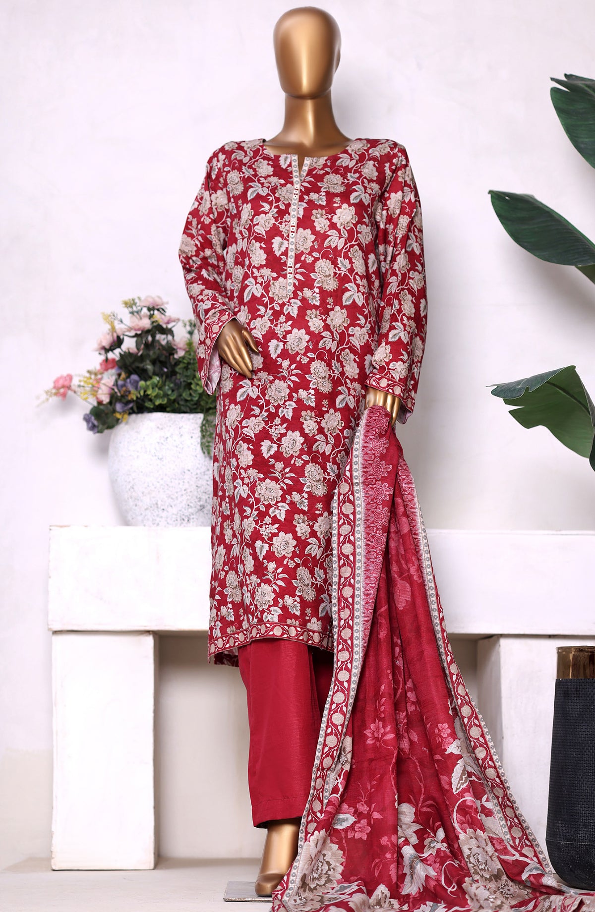Bin Saeed Printed Khaddar Stitched 3 Piece Suit - Design-05 - BS25PKD - Red - Winter Collection