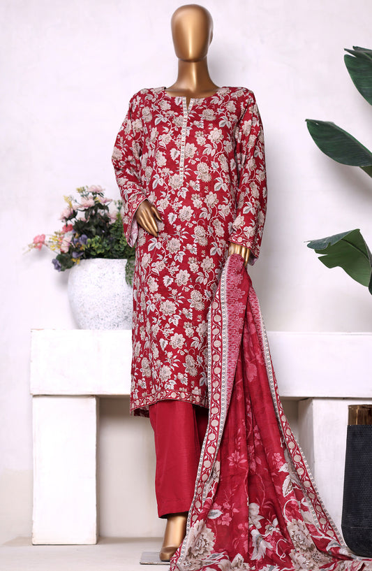 Bin Saeed Printed Khaddar Stitched 3 Piece Suit - Design-05 - BS25PKD - Red - Winter Collection