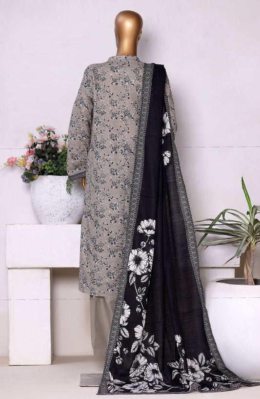 Bin Saeed Printed Khaddar Stitched 3 Piece Suit - Design-06 - BS25PKD - Grey - Winter Collection