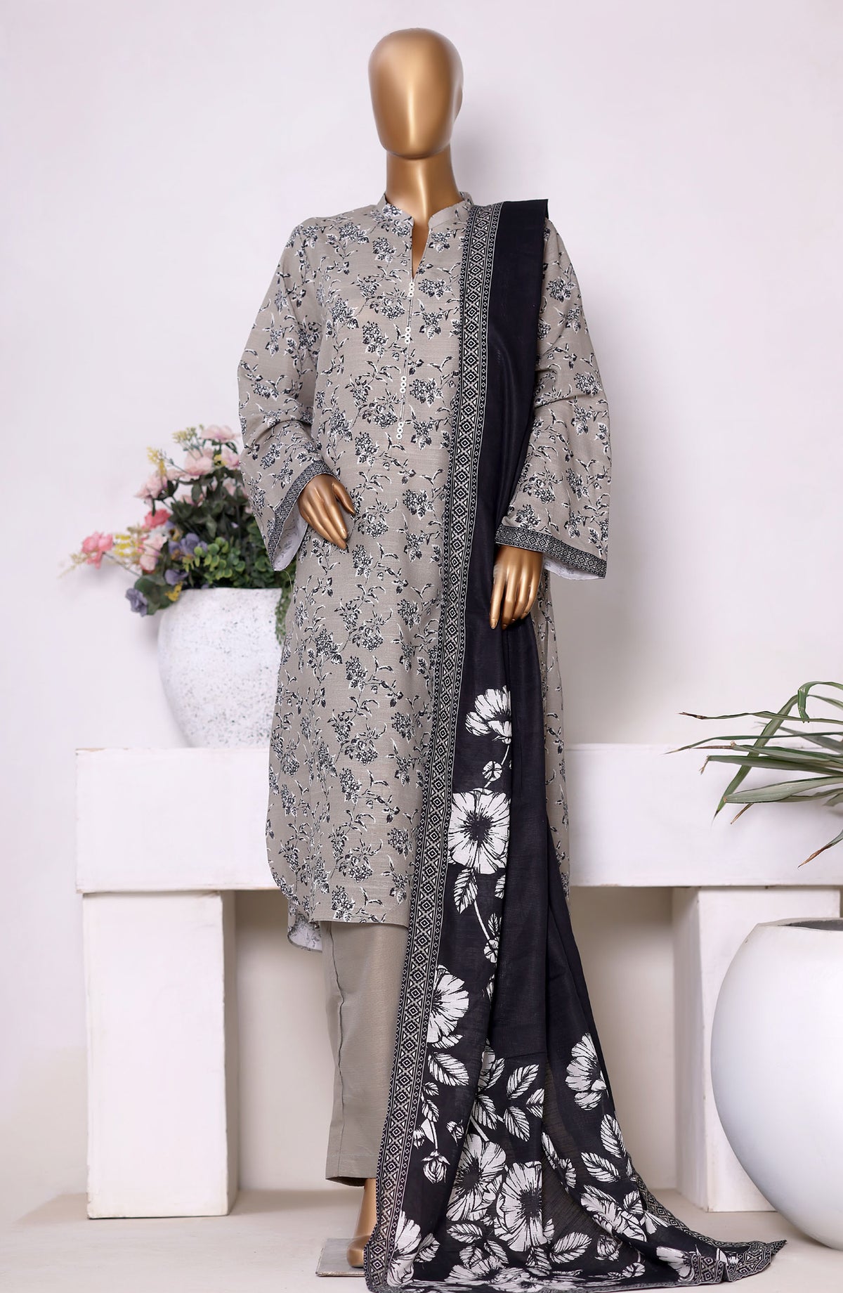 Bin Saeed Printed Khaddar Stitched 3 Piece Suit - Design-06 - BS25PKD - Grey - Winter Collection
