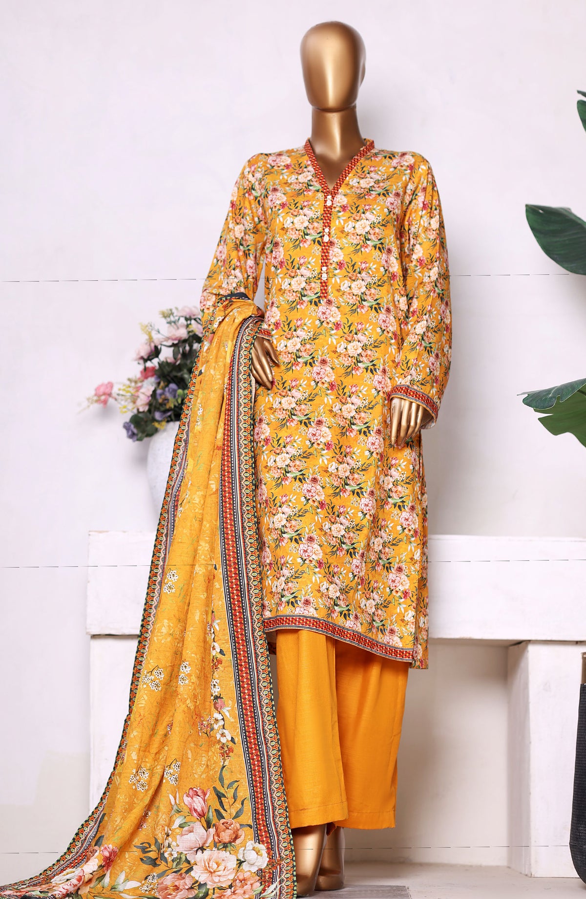 Bin Saeed Printed Khaddar Stitched 3 Piece Suit - Design-07 - BS25PKD - Yellow - Winter Collection