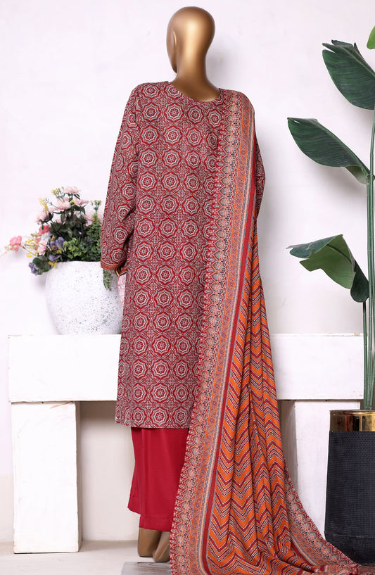 Bin Saeed Printed Khaddar Stitched 3 Piece Suit - Design-08 - BS25PKD - Red - Winter Collection
