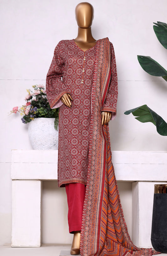 Bin Saeed Printed Khaddar Stitched 3 Piece Suit - Design-08 - BS25PKD - Red - Winter Collection