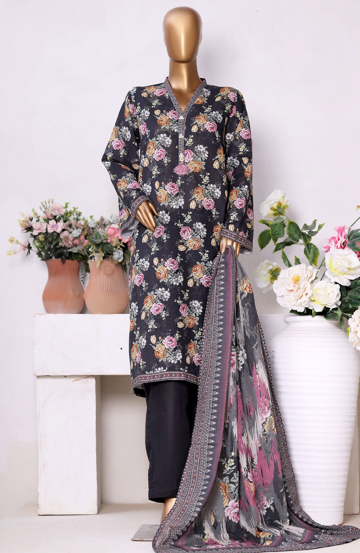 Bin Saeed Printed Khaddar Stitched 3 Piece Suit - Design-15 - BS25PKD - Black - Winter Collection