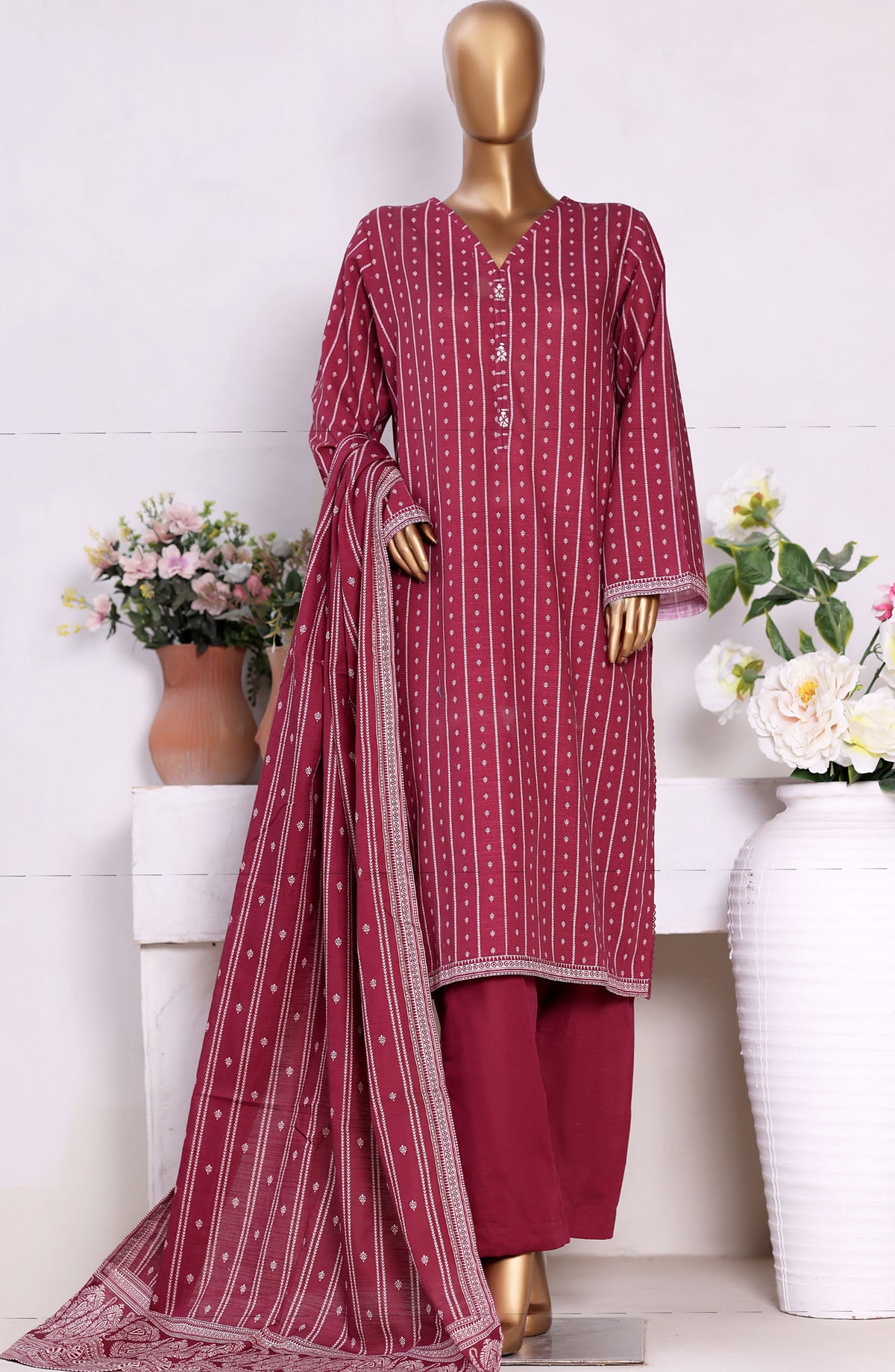 Bin Saeed Printed Khaddar Stitched 3 Piece Suit - Design-16 - BS25PKD - Red - Winter Collection