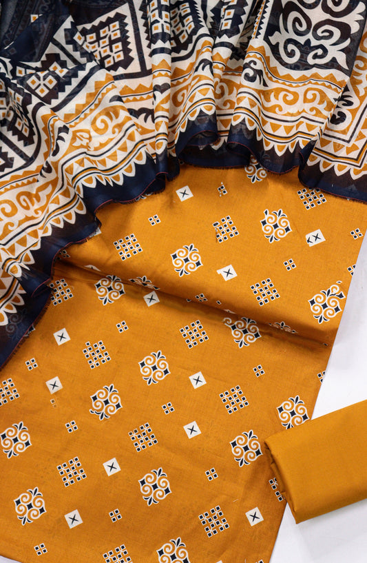 Bin Saeed Printed Lawn Unstitched 3 Piece Suit - D-17 - BS26PR - Mustard - Summer Collection