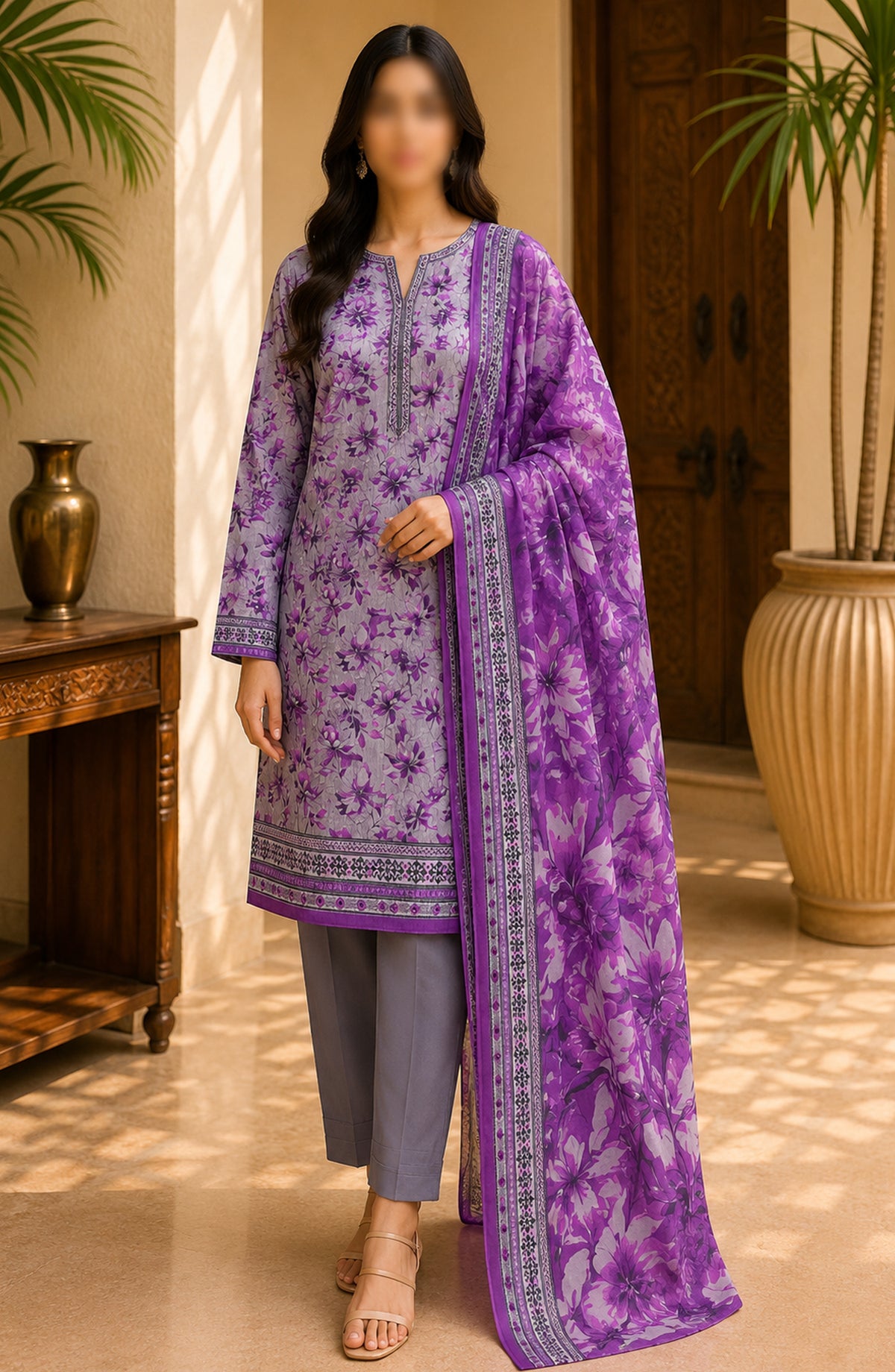 Bin Saeed Printed Lawn Unstitched 3 Piece Suit - BSD05 - BS26END - Purple - Summer Collection