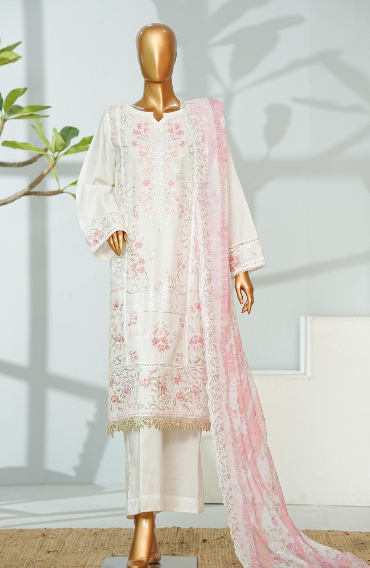 Bin Saeed Embroidered Lawn Stitched 3 Piece Suit - D-02 - BS26CHF - White - Festive Collection