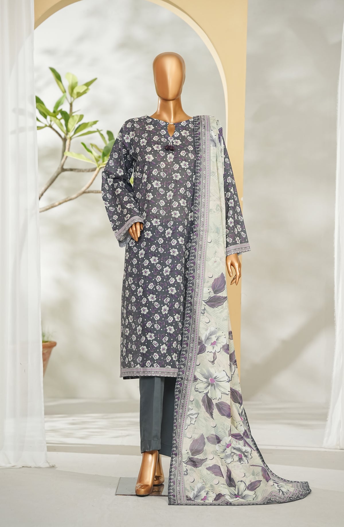 Bin Saeed Printed Lawn Stitched 3 Piece Suit - Design-38 - BS26RT - Grey - Summer Collection