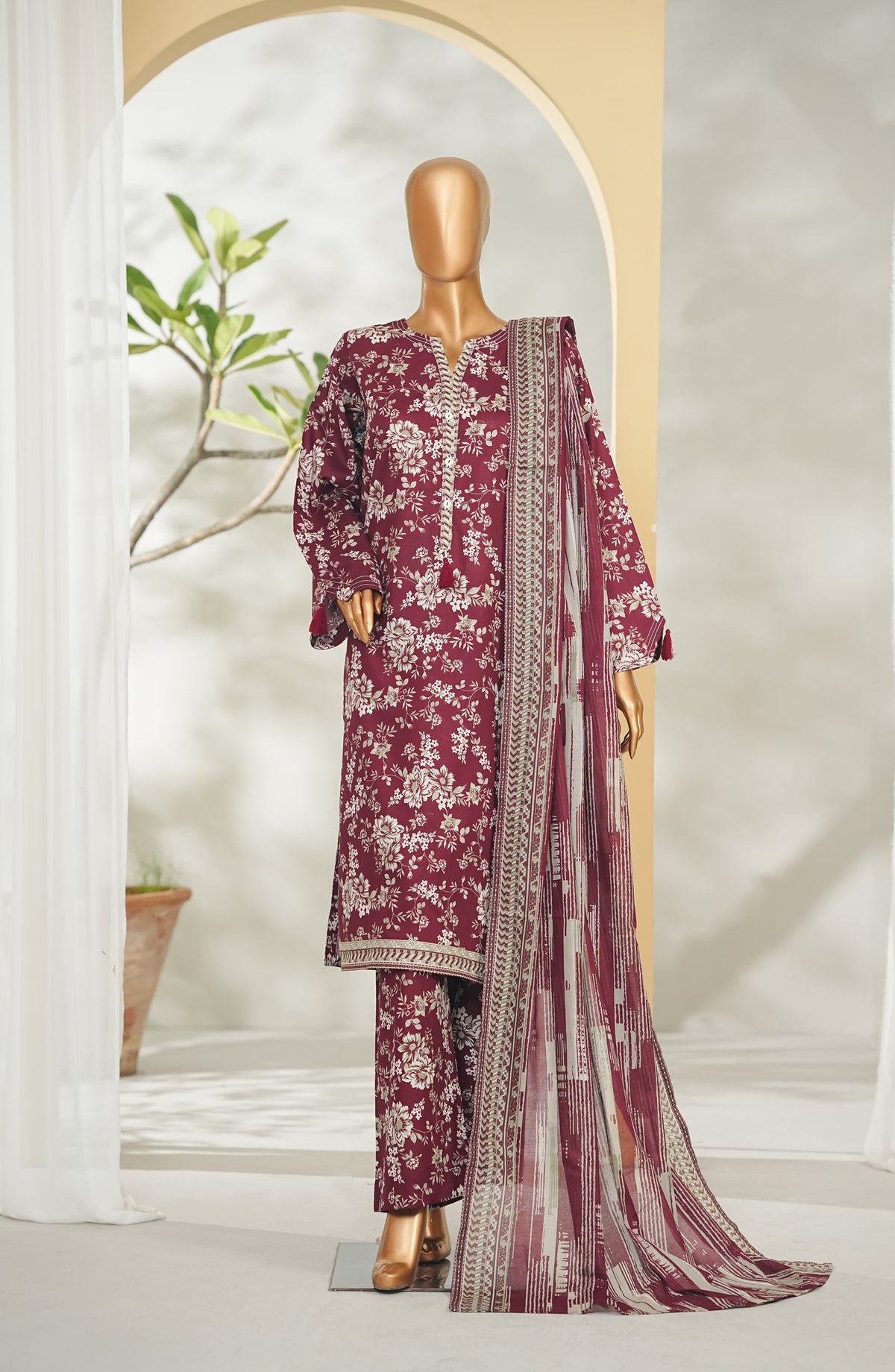 Bin Saeed Printed Lawn Stitched 3 Piece Suit - Design-06 - BS26RT - Maroon - Summer Collection