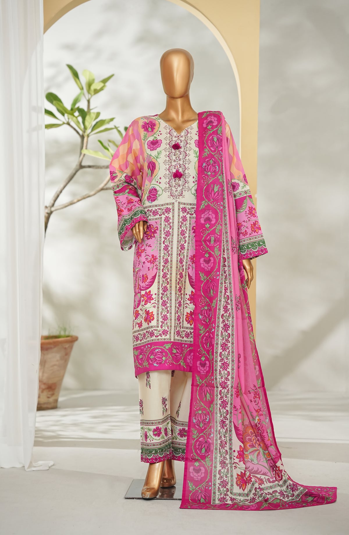 Bin Saeed Printed Lawn Stitched 3 Piece Suit - Design-02 - BS26RT - Pink - Summer Collection