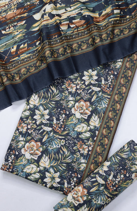 Bin Saeed Printed Khaddar Unstitched 3 Piece Suit - Design-35 - BS25KHD - Blue - Winter Collection