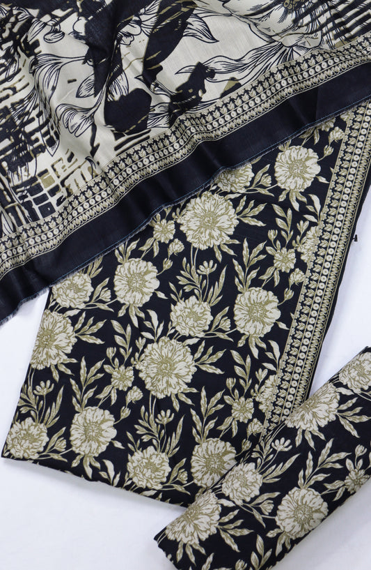 Bin Saeed Printed Khaddar Unstitched 3 Piece Suit - Design-07 - BS25KHD - Black - Winter Collection