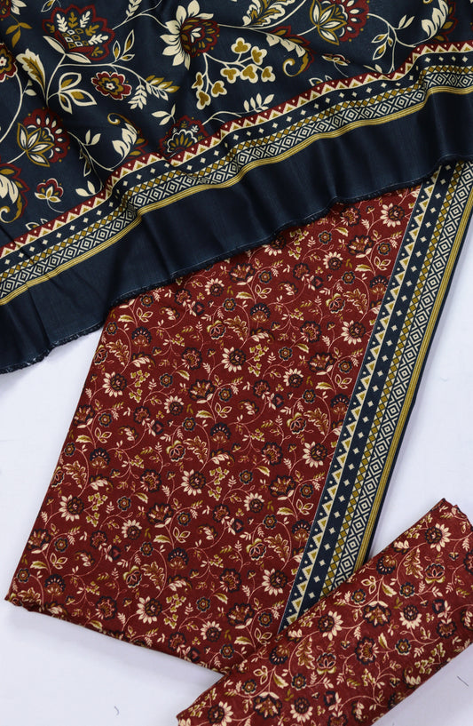 Bin Saeed Printed Khaddar Unstitched 3 Piece Suit - Design-18 - BS25KHD - Red - Winter Collection