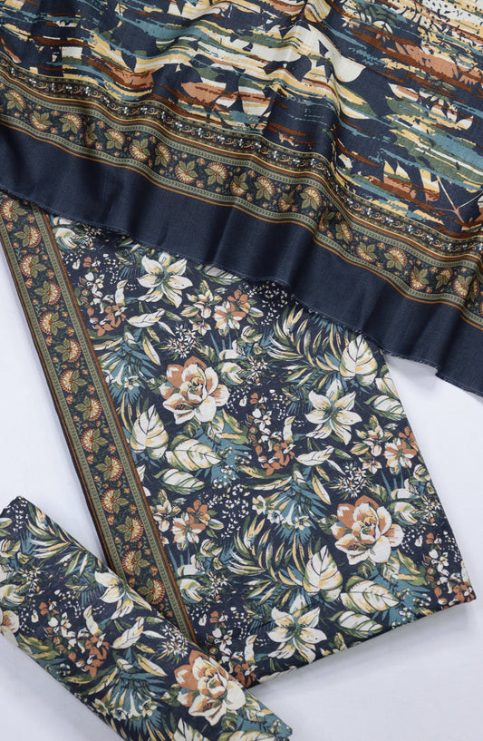 Bin Saeed Printed Khaddar Unstitched 3 Piece Suit - Design-35 - BS25KHD - Blue - Winter Collection