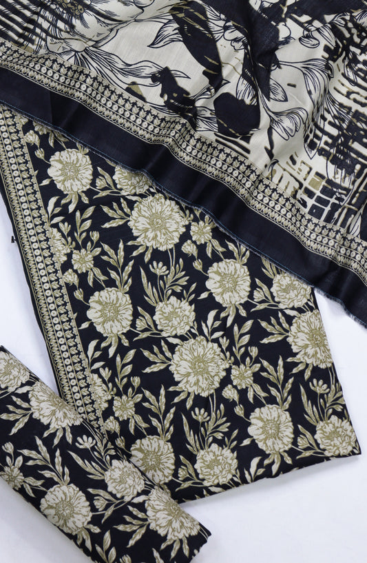 Bin Saeed Printed Khaddar Unstitched 3 Piece Suit - Design-07 - BS25KHD - Black - Winter Collection