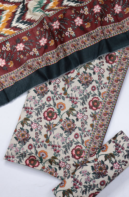 Bin Saeed Printed Khaddar Unstitched 3 Piece Suit - Design-36 - BS25KHD - Fawn - Winter Collection