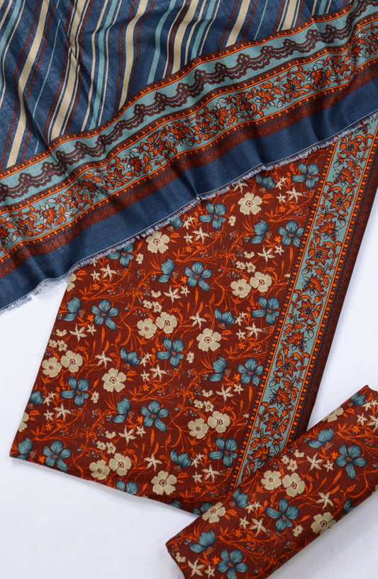 Bin Saeed Printed Khaddar Unstitched 3 Piece Suit - Design-06 - BS25KHD - Orange - Winter Collection
