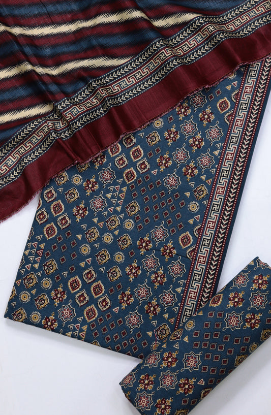 Bin Saeed Printed Khaddar Unstitched 3 Piece Suit - Design-02 - BS25KHD - Blue - Winter Collection