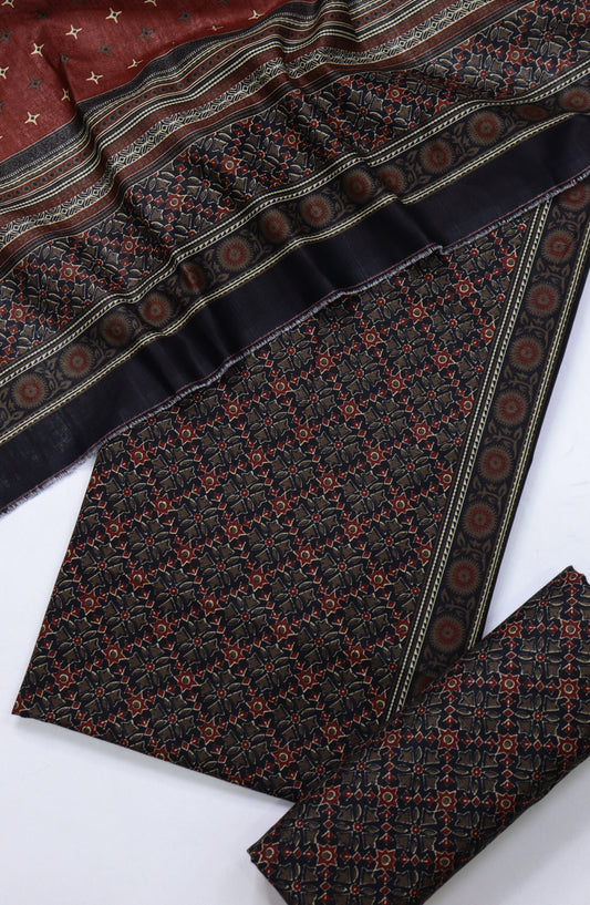 Bin Saeed Printed Khaddar Unstitched 3 Piece Suit - Design-01 - BS25KHD - Brown - Winter Collection