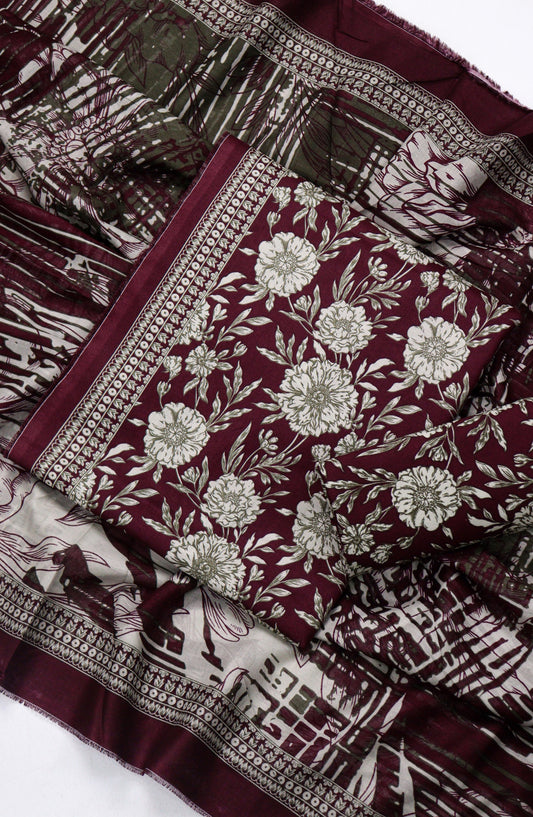 Bin Saeed Printed Lawn Unstitched 3 Piece Suit - Design-07 - BS26PR - Maroon - Summer Collection