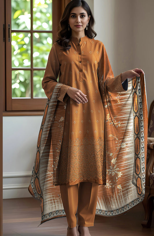 Bismal Festive Embroidered Peach Shiflee Unstitched 3 Piece Suit - Design-01 - BSM25PS - Rust - Winter Collection