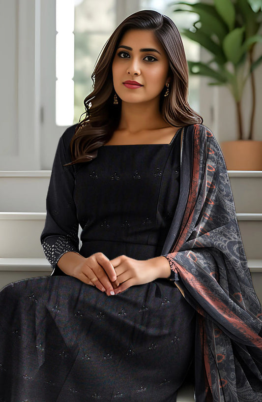 Bismal Festive Embroidered Peach Shiflee Unstitched 3 Piece Suit - Design-02 - BSM25PS - Black - Winter Collection
