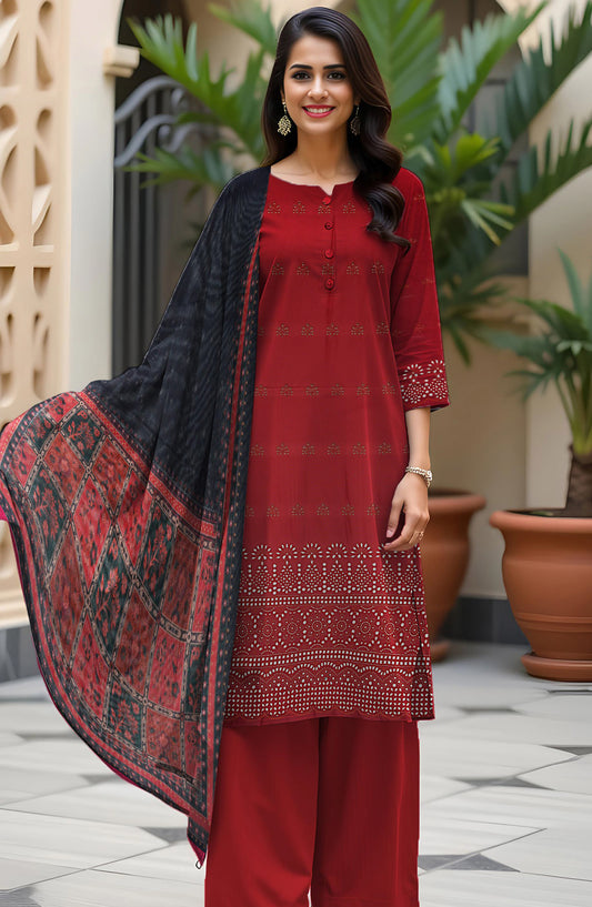 Bismal Festive Embroidered Peach Shiflee Unstitched 3 Piece Suit - Design-06 - BSM25PS - Red - Winter Collection