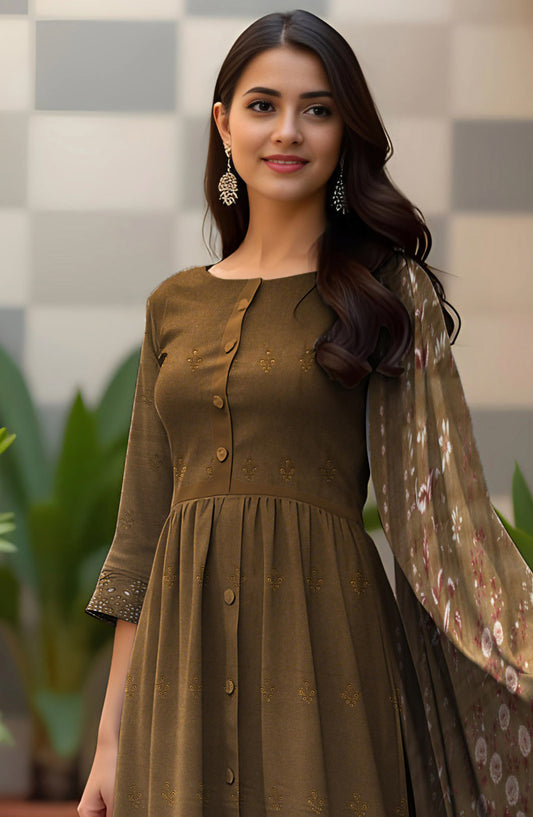 Bismal Festive Embroidered Peach Shiflee Unstitched 3 Piece Suit - Design-07 - BSM25PS - Brown - Winter Collection