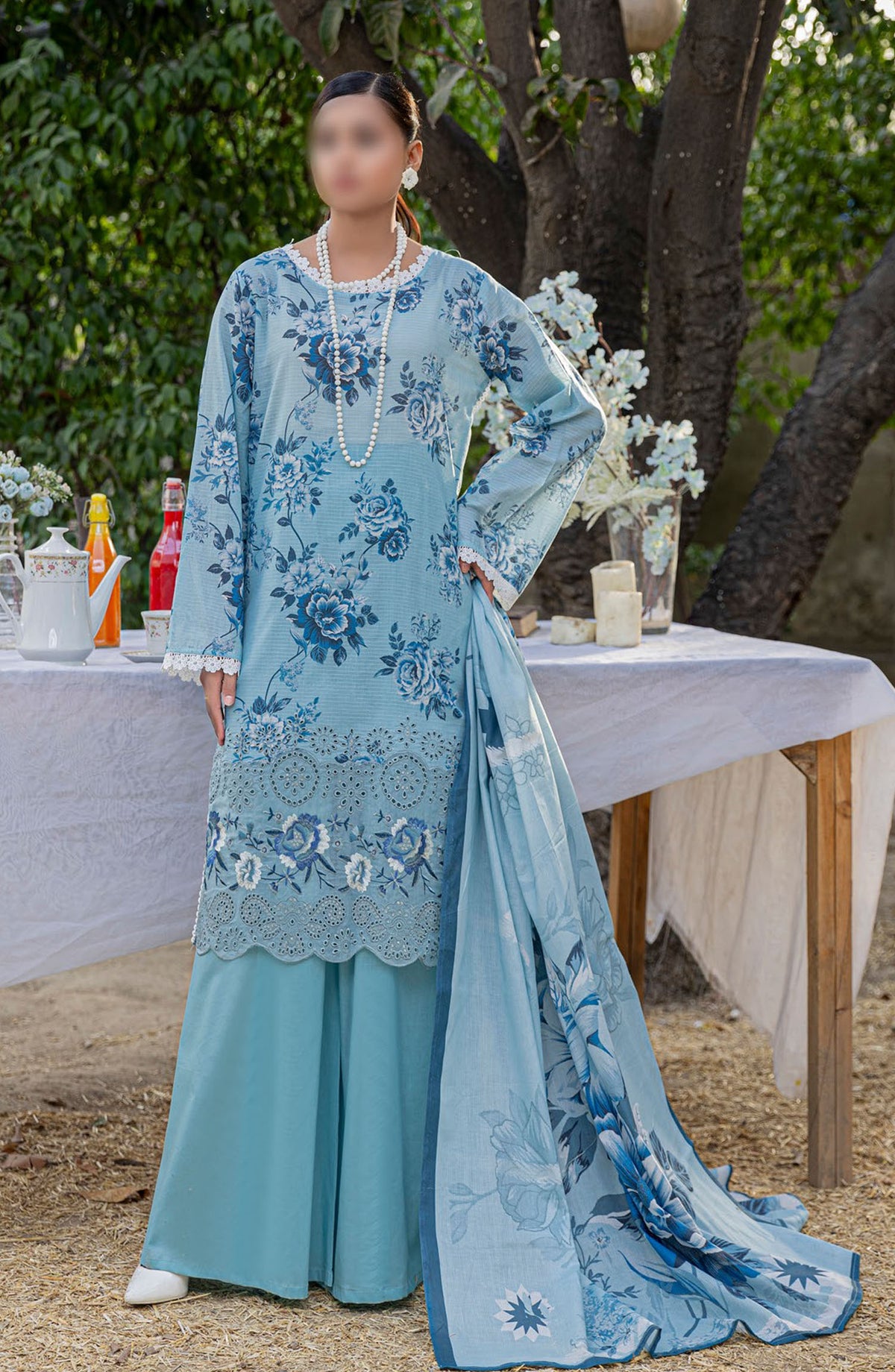 Bloom Embroidered Doriya Lawn Unstitched 3 Piece Suit - Design-09 - AK25BLO5 - Blue - Summer Collection