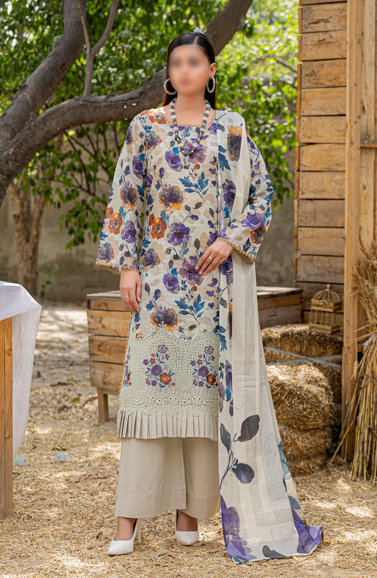 Bloom Embroidered Doriya Lawn Unstitched 3 Piece Suit - Design-03 - AK25BLO5 - Blue - Summer Collection