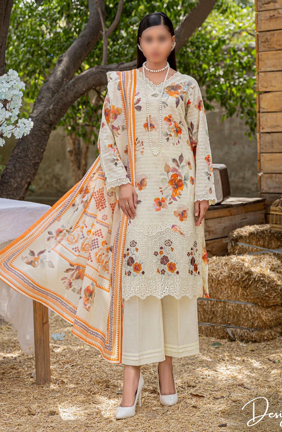 Bloom Embroidered Doriya Lawn Unstitched 3 Piece Suit - Design-02 - AK25BLO5 - Cream - Summer Collection