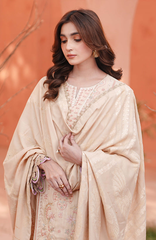 Bloom by Johra Premium Luxury Embroidered Dhanak Unstitched 3 Piece Suit - JW-601 - JH25BLOM - Fawn - Winter Collection