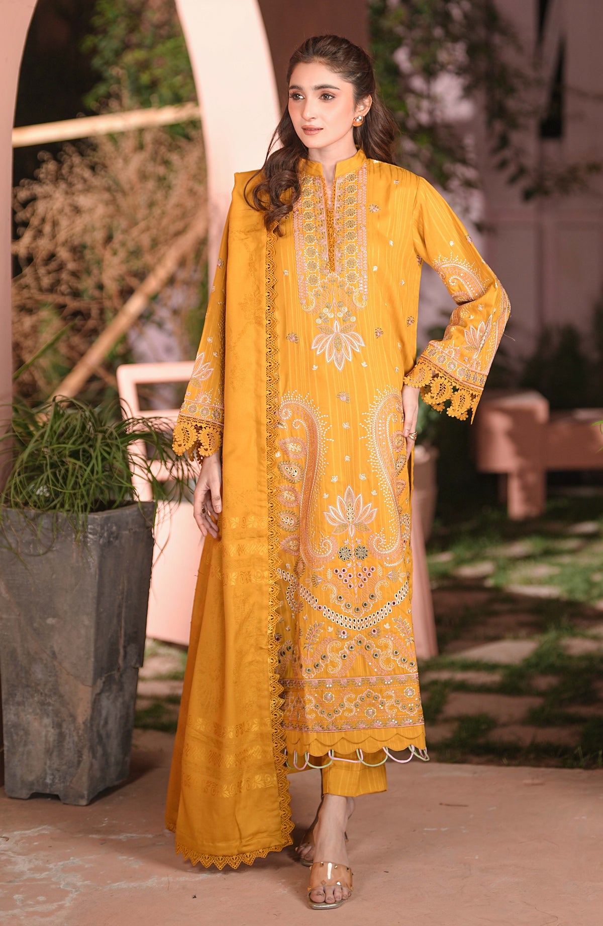Bloom by Johra Premium Luxury Embroidered Dhanak Unstitched 3 Piece Suit - JW-599 - JH25BLOM - Mustard - Winter Collection