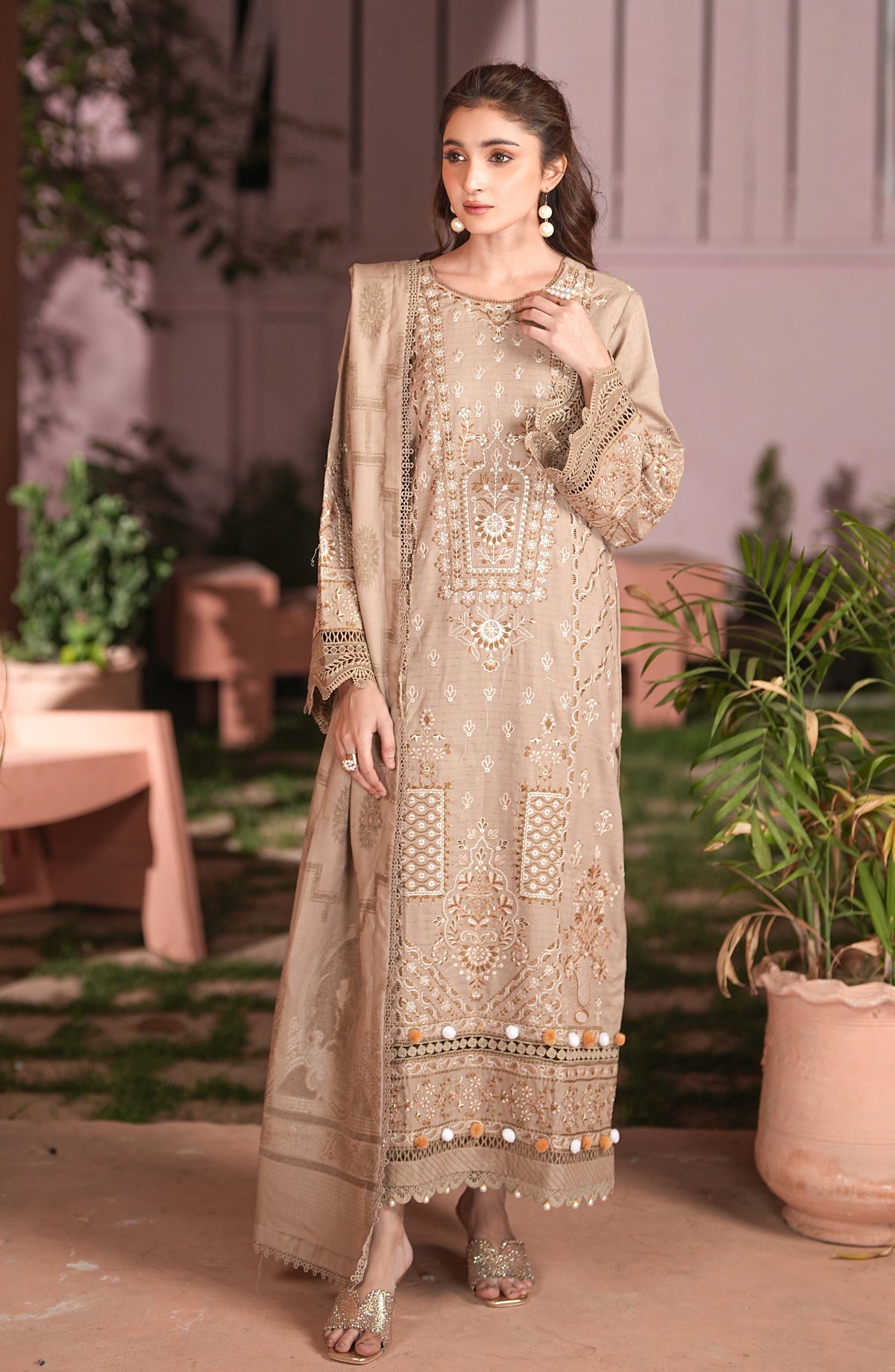 Bloom by Johra Premium Luxury Embroidered Dhanak Unstitched 3 Piece Suit - JW-597 - JH25BLOM - Beige - Winter Collection