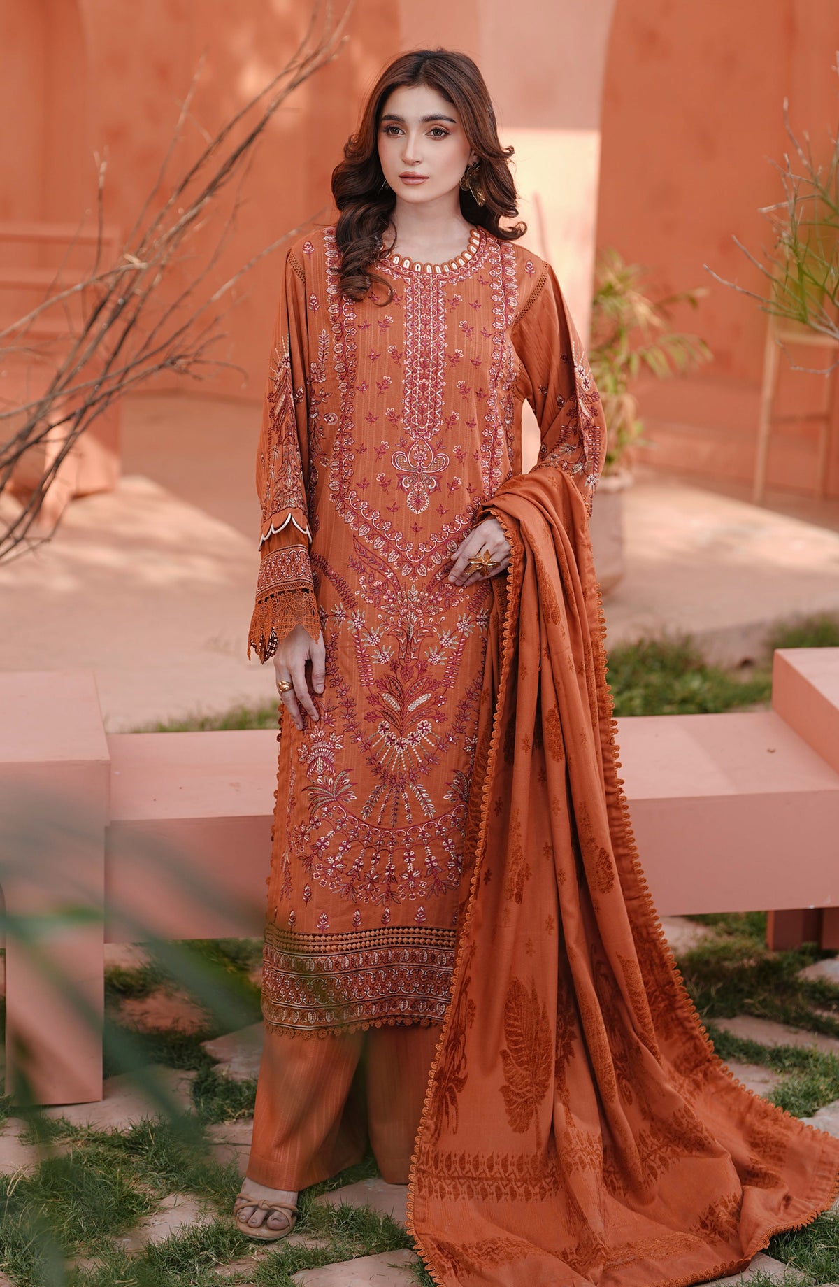 Bloom by Johra Premium Luxury Embroidered Dhanak Unstitched 3 Piece Suit - JW-596 - JH25BLOM - Orange - Winter Collection