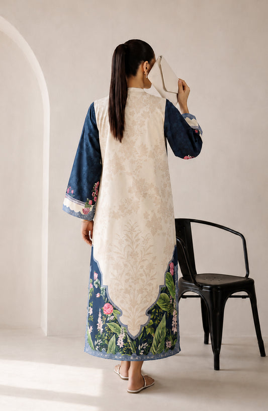 Boho by Amna Khadija Printed D Crepe Stitched Kaftan - AKPB-03 - AM26BOH - Blue White - Summer Collection