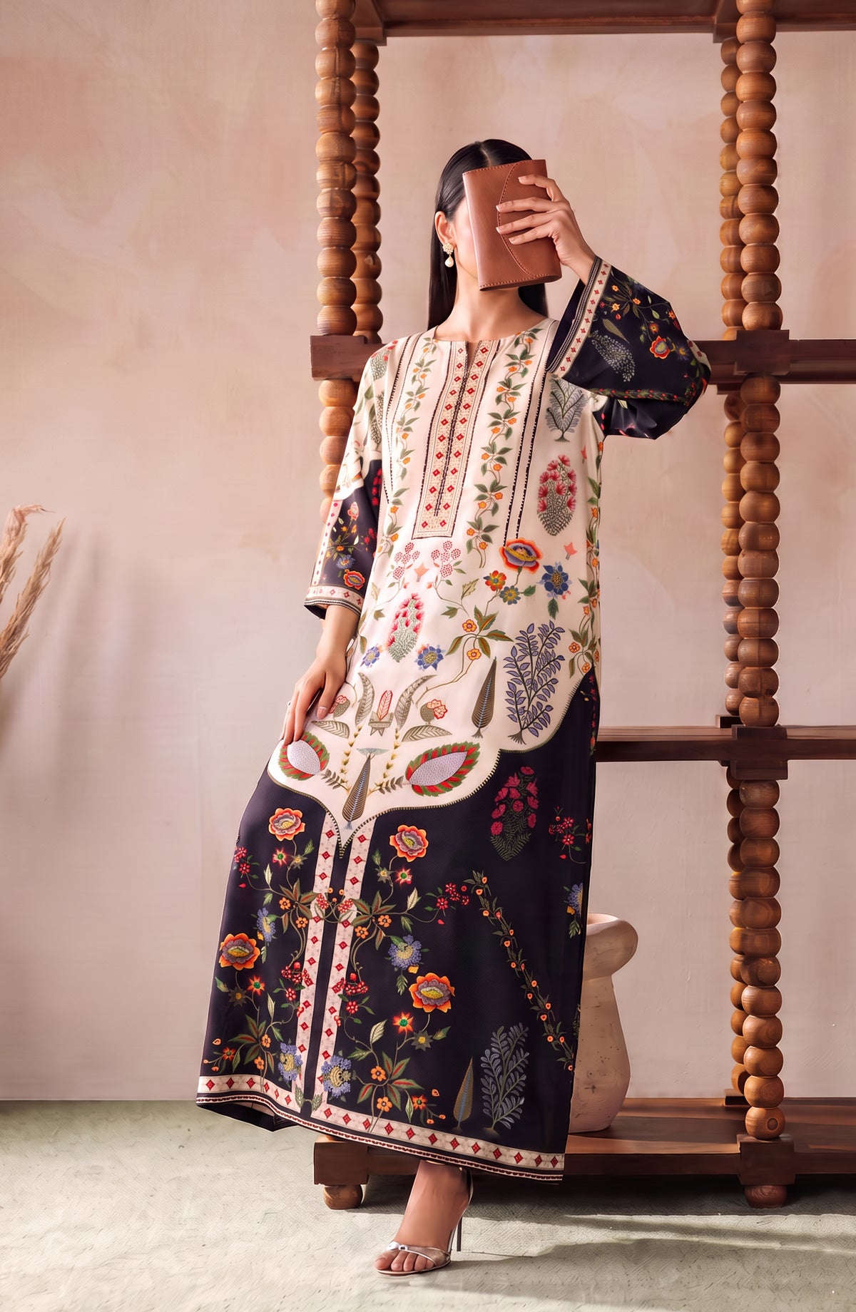 Boho by Amna Khadija Printed D Crepe Stitched Kaftan - AKPB-06 - AM26BOH - Black White - Summer Collection