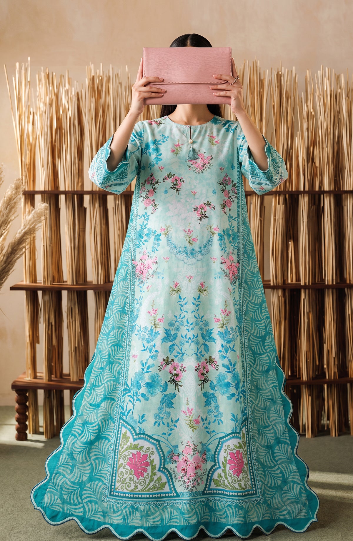 Boho by Amna Khadija Printed D Crepe Stitched Kaftan - AKPB-07 - AM26BOH - Ferozi - Summer Collection