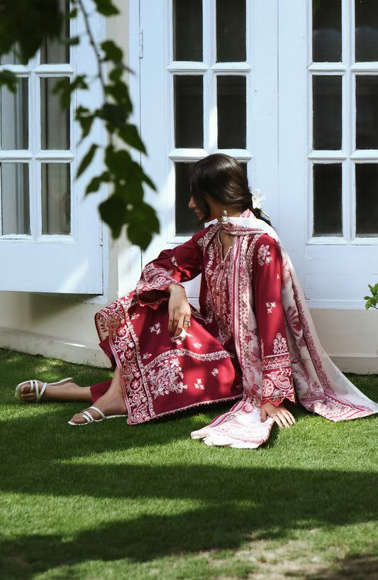 Breathe by Casual Lite Embroidered Cotton Cambric Stitched 3 Piece Suit - 02 Fiadh Blossom - CL26BRTH - Red - Summer Collection