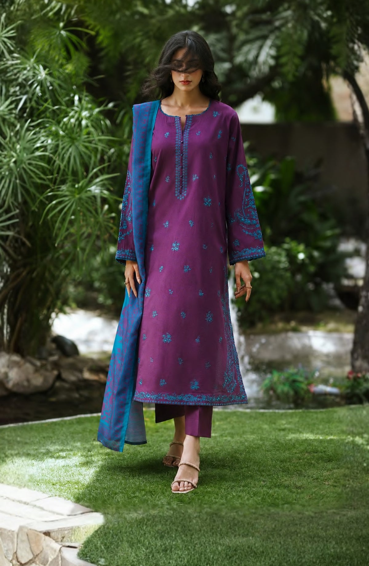 Breathe by Casual Lite Embroidered Cotton Cambric Stitched 3 Piece Suit - 03 Elis Twilight - CL26BRTH - Purple - Summer Collection