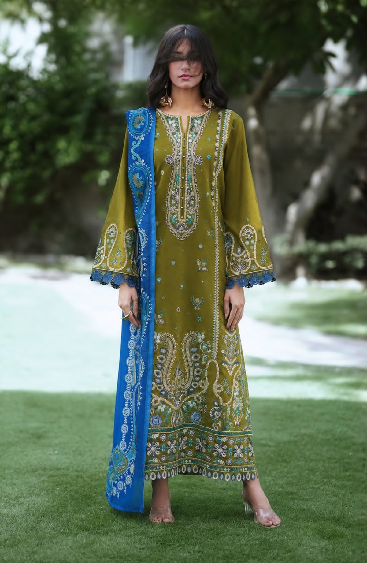 Breathe by Casual Lite Embroidered Cotton Cambric Stitched 3 Piece Suit - 07 Elis Meadow - CL26BRTH - Green - Summer Collection
