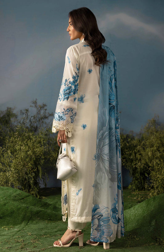 Butterfly by Riaz Arts Luxury Embroidered Lawn Unstitched 3 Piece Suit - D-04 - RA26BTR - Blue White - Summer Collection