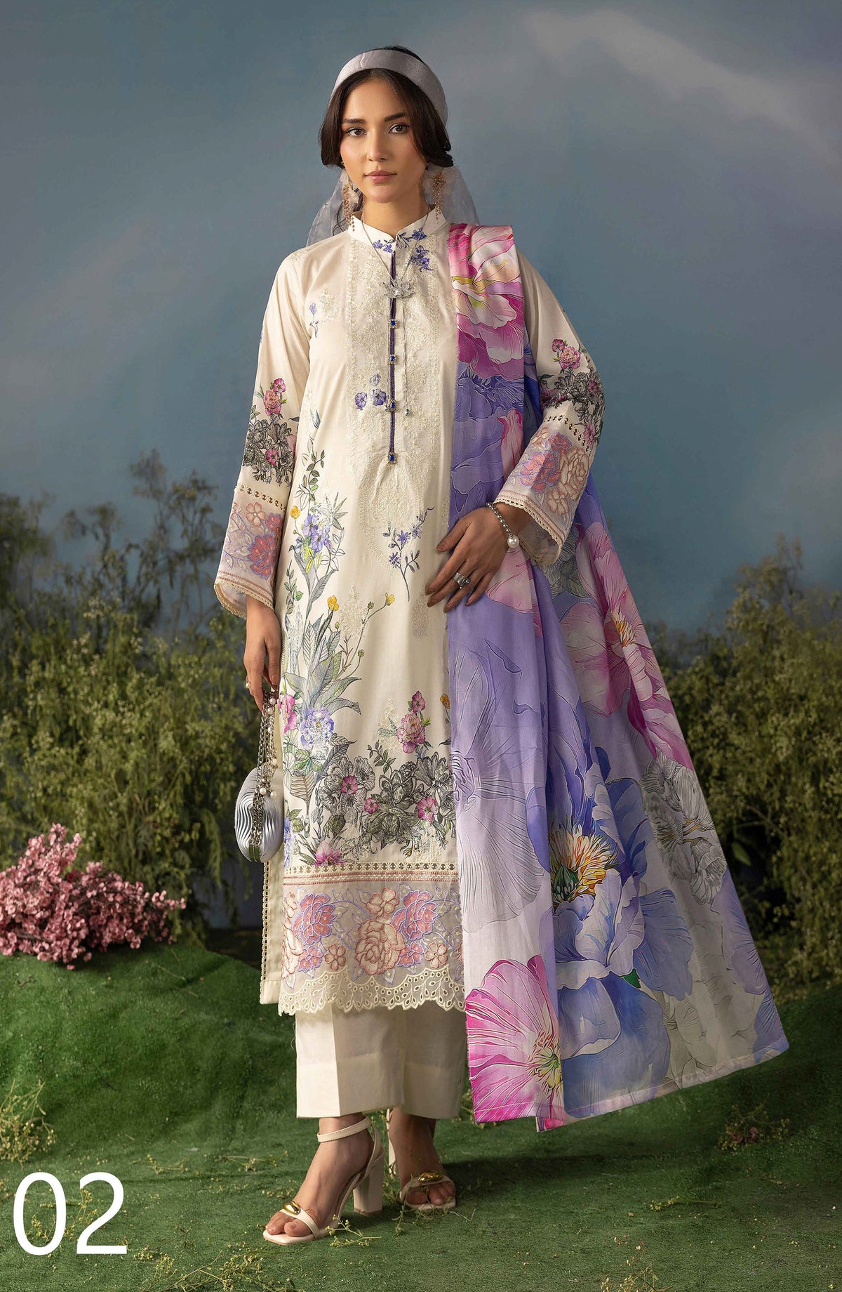 Butterfly by Riaz Arts Luxury Embroidered Lawn Unstitched 3 Piece Suit - D-02 - RA26BTR - Purple White - Summer Collection
