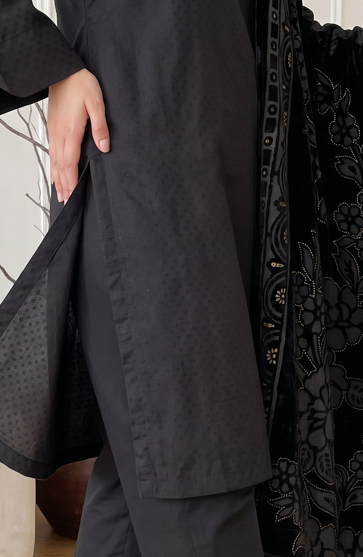 Calira by Amna Khadija Fancy Dhanak Jacquard Unstitched 3 Piece Suit - AKC-01 - AM26CLR - Black - Winter Collection